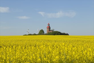 Lighthouse Buk with flowering rape field