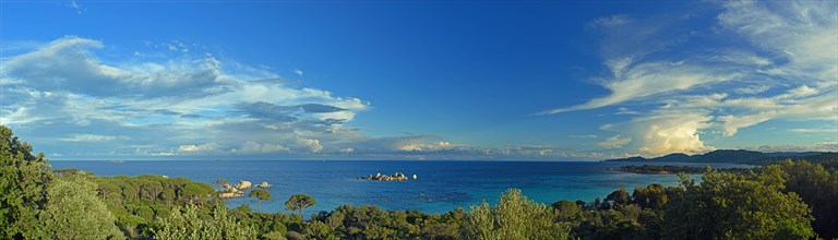 Panorama of the bay of Palombaggia with turquoise blue sea