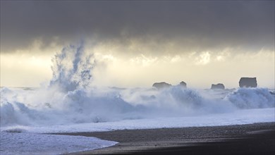 Storm waves at Reynisfjara Black Sand Beach and Cape Dyrholey