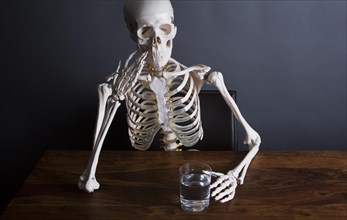 Skelett sits at the table with a glass of water in his hand