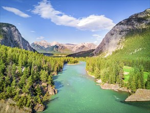 Aerial view of Bow river among canadian Rockies Mountains