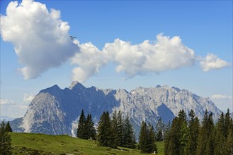 Hang gliders over the Eggenalm with view of the Wilder Kaiser (Tyrol