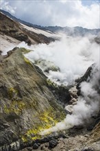 Smoking fumaroles with sulphur depositions on Mutnovsky volcano