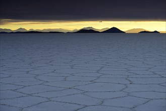 Honeycomb structure on the salt lake at sunset with clouds