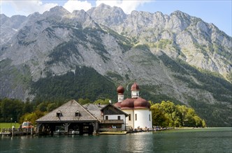 Boat dock St. Bartholoma at Lake Konigssee off the Watzmann massif