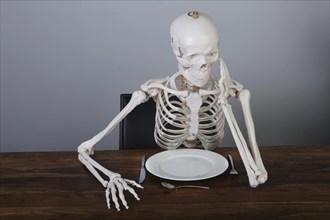 Skeleton with supported head sitting at table