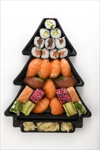 Sushi dish in the form of a Christmas tree with Maki