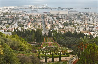 Gardens of the Bahai on Mount Carmel and Shrine of Bab Tomb with Dome