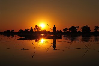 Local bargeman sails in traditional Mokoro dugout boat at sunset