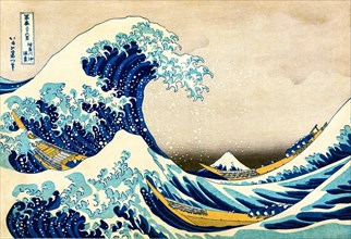 Colored woodcut Under the Wave off Kanagawa