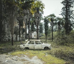 Wrecked car in the forest