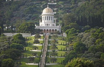 The Gardens of the Bahai on Mount Carmel and Shrine of Bab Tomb with Dome