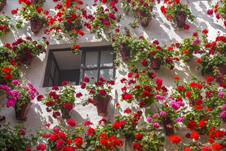 Many red geraniums in flower pots on a house wall