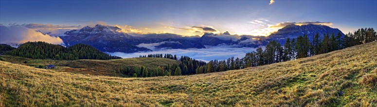 Mountain panorama Berchtesgarden Alps with Watzmann east face and Steinernes Meer at sunset