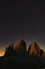 Star railways over the Three Peaks of Lavaredo