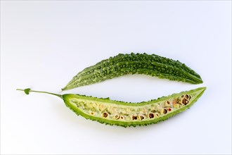 Bitter melon (Momordica charantia) halved