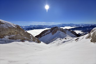 View from Mount Pilatus to the mountain range in winter