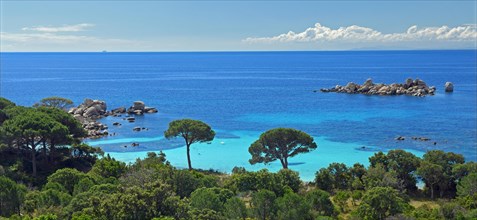 Panorama of Bay of Palombaggia with turquoise blue sea