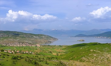 Great Lake Prespa with village Liqenas and island Maligrad