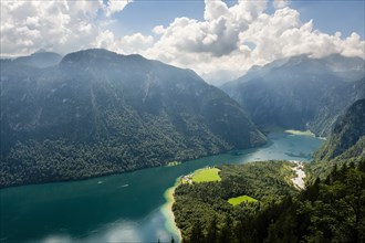 View of the lake Konigsee and the pilgrimage church Sankt Bartholoma from the Rinkendelsteig