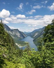 View over lake Konigssee with pilgrimage church St. Bartholoma from Sagerecksteig