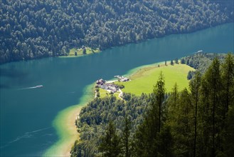 View of the lake Konigsee and the pilgrimage church Sankt Bartholoma from the Rinkendelsteig