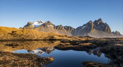 Mountains are reflected in a small lake