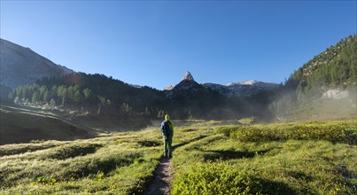 Hiker in morning mist on hiking trail to Wasseralm via Niederbrunnsulzen