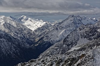 View from the Gaislachkogel to the snowy Otztal Alps