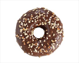 Doughnut covered with chocolate and nuts
