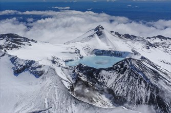 Aerial view of a tuquoise crater lake on top of Mount Ruapehu
