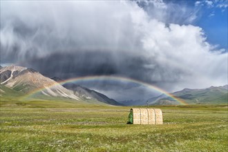 Tent under a rainbow over meadow