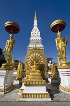 Chedi of Wat Mahathat Temple with Wheel of Life and golden Buddha figures