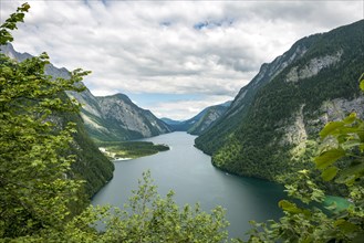 View over lake Konigssee with pilgrimage church St. Bartholoma from Sagerecksteig