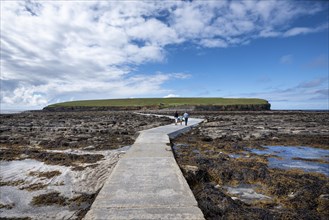 Pedestrian path at low tide to the tidal island Brough of Birsay