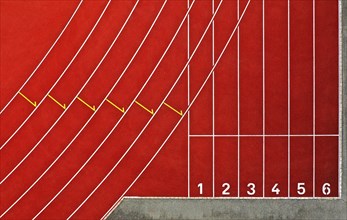 Start area for sprinters on a tartan track in an athletics stadium