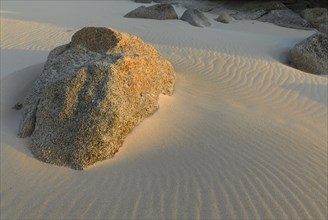 Granite rocks in the sand with wave structure