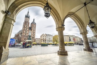 Cloth Hall and St. Mary's Basilica on main Market Square in Krakow