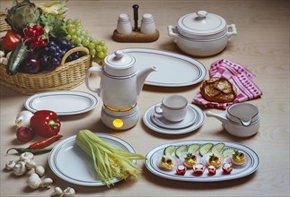 Tea service with fruit and vegetables