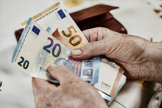 Senior citizen counts banknotes