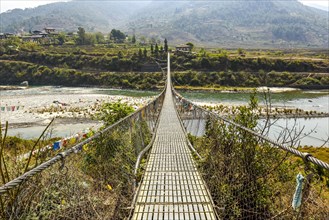 Longest suspension bridge of Bhutan over river Puna Tsang Chhu