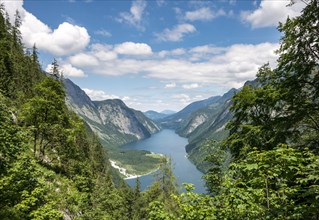 View over lake Konigssee with pilgrimage church St. Bartholoma from Sagerecksteig