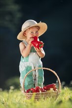 Three-year old girl with straw hat biting into a pepper