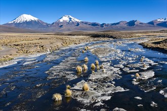 Snow-covered volcanoes Pomerape and Parinacota with icy river