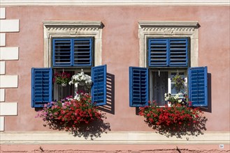 Blue windows with flowerpots of a house on Piata Mica