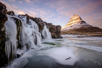 Mount Kirkjufell with Kirkjufellfoss waterfall