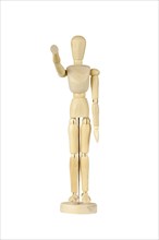 Wooden stickman holding out his hand forward