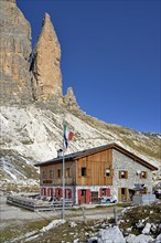 Lavaredo Hut 2344 m below the Three Peaks South Wall