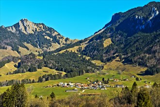 Landscape of the region of La Gruyere with the locality of Estavannens