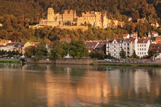 View over the Neckar River of castle at sunset in Heidelberg
